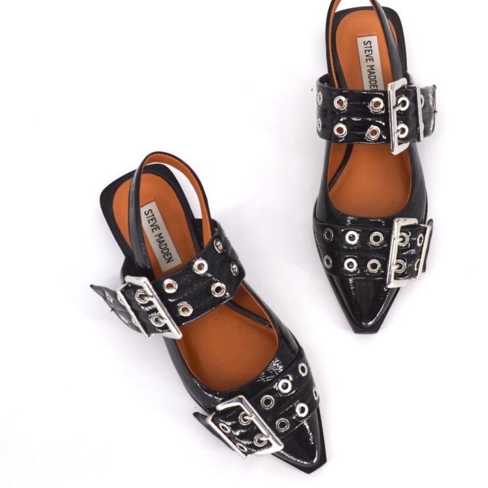 Steve Madden Graya Black Patent Slingback Flats Snip Toe Grommet Buckle Size 7